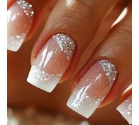 Cosmeria Unghie Finte Da Incollare, Punte Francesi Brillanti Argento, Set Di Unghie Finte Moda Riutilizzabili Con 24 Pezzi, Ideali Per Tutti I Giorni E Occasioni