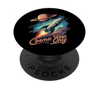Cosmic Vibes Only Retro Space Rocket Planet Galaxy Aesthetic PopSockets PopGrip Adesivo