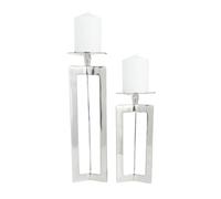 CosmoLiving by Cosmopolitan Aluminum Geometric Pillar Candle Holder, Set of 2 10", 14"H, Silver