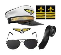Cosplay Accessories, Airline Captain Set, Role Play Uniform, Polyester Material, Includes Hat Tie Epaulettes Glasses Badge, Career Day Carnival Costume, Adjustable, White, 6 Pieces