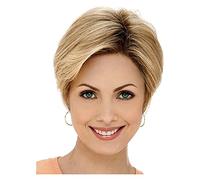 Cosplay Parrucche Parrucca di capelli lisci biondi corti da donna nera Parrucca di ricambio sintetica completa resistente al calore con radice castana riccia chiara Parrucca Quotidiana