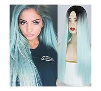Cosplay Parrucche Parrucche lunghe ombre azzurre per donna, parrucche lunghe dritte verde menta davanti in pizzo sintetico Parrucca Quotidiana