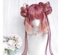 Cosplay Parrucche Per Le Donne Breve Fiore Panini Code Di Cavallo Con Carino Staccabile Lungo Tre Filo Intrecciato Trecce Lolita Parrucca Per Halloween Natale (Pink)