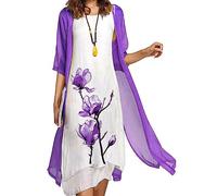 Costaric Abito midi da donna floreale con giacca, set da 2 pezzi con maniche a 3/4, abito estivo in chiffon per cocktail, matrimoni, ospiti, C6 Viola, 3XL