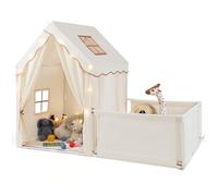 COSTAWAY Tenda da Gioco per Bambini con Recinto, 2 in 1 Casetta Casetta da Gioco con Porte, Finestre, Luci a Stelle e Tappetino in Cotone Lavabile, Tenda Interna per Bambini 3+ Anni (Beige)