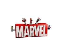 Lego 76313 logo e minifigure marvel con supereroi di hulk, thor, iron man, black widow e captain america, giochi bambini 12+