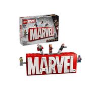 Lego 76313 logo e minifigure marvel con supereroi di hulk, thor, iron man, black widow e captain america, giochi bambini 12+