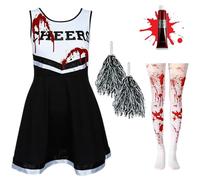 Costume 3 pezzi da cheerleader per bambina - Vestito zombie con calze insanguinate - Travestimento scolastico da non-morta per feste spaventose - Outfit per Halloween con dettagli realistici