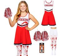 Costume 3 pezzi da cheerleader per bambina - Vestito zombie con calze insanguinate - Travestimento scolastico da non-morta per feste spaventose - Outfit per Halloween con dettagli realistici