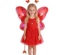 Costume 4Pcs Farfalla Bambina Costume FatinaFata Ragazza Vestito Principessa Farfalla con AliBacchetta tutù Cintura per i Capelliper Ragazze Bambina Feste a Tema Carnevalle (Red, 3-10 Years)