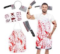 Costume a Macellaio per Halloween, Coltello Finto Halloween, Costumi Halloween Uomo, Cerchietto Halloween Coltello, Grembiule Insanguinato, Tatuaggi Halloween per Uomini,Carnevale,Cosplay,Mascherata