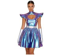 Costume Alien Donna Vestito Spaziale Metallico Minivestito Con Guanti | Maniche Con Ali Cerniera Gonna A Pieghe Robot Costume Da Astronauta Spaziale Halloween Carnevale Festa Abito Da Festa