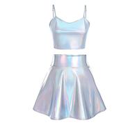 Costume alieno da donna in argento, sexy metallizzato, top crop top + gonna a pieghe, mini skater, gonne kawaii anni '90, burning, Halloween, abbigliamento laser argentato, spalline sottili M