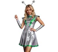 Costume alieno da donna, in metallo, stile alieno, per lo spazio, per il carnevale, per feste e discoteche, per carnevale e rave, 03#_verde, L