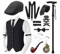 Costume anni '20 anni '20, costume da gangster, accessori da uomo, costume Mafia Gatsby, gilet Fedora, cappello baffi per uomo, carnevale, Halloween, cosplay (cappelli, M)