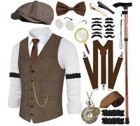 Costume anni '20, gilet da uomo con accessori bretelle, lente d'ingrandimento, orologio da tasca, baretto, occhiali da cravatta, per costume da mafia 1920S, gangster Peaky Blinders, Carnevale