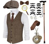 Costume anni '20, gilet da uomo con accessori, marrone, lente d'ingrandimento, pieghevole, stampella, orologio da tasca, barba, occhiali Fedora, cravatta, per costume da mafia 1920S, gangster Peaky