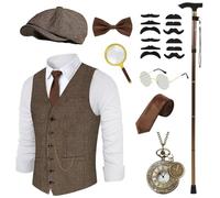 Costume anni '20, gilet da uomo con accessori, marrone, lente d'ingrandimento, pieghevole, stampella, orologio da tasca, barba, occhiali Fedora, cravatta, per costume da mafia 1920S, gangster Peaky