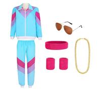 Costume Anni 80 Donna Uomo, Costumi Carnevale Donna Uomo, Tuta Anni 80, Completo Anni '80 con Fascia per Capelli Collana d'oro e Occhiali da Sole per Costume CarnevaleCoppia Adulti (Blu, M)
