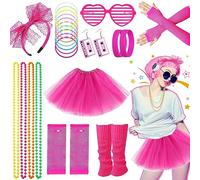 Costume anni '80 per donne e ragazze, set di accessori per costume da festa anni '80, tutù rosso rosa, scaldamuscoli, guanti a rete, occhiali, fascia, abbigliamento retrò per feste anni '80