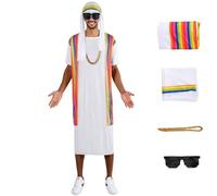 Costume arabo, abito da sceicco con foulard, collana e occhiali da sole, vestito arabo da uomo, per Halloween e feste di carnevale (colore bianco, taglia unica)