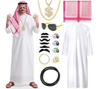 Costume arabo, per adulti, costume arabo, abito bianco arabo con bandana, costume da sceicco da uomo, anello delle dita, collane, occhiali da sole costume di carnevale (16, XXL)