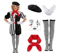 Costume Artista mimo da donna, Costume da Mimo per Donna, con Sciarpe rosse, Guanti Bianchi, Tatuaggio Sul Viso, Accessori per Costumi da Mimo Francese per Halloween Carnevale e Festa a Tema Natale