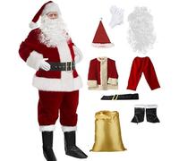 Costume Babbo Natale per uomo Costume Babbo Natale 10 pezzi Vestito Babbo Natale per Natale Abito in velluto rosso vino con parrucca e barba Set deluxe per cosplay per feste di Natale 8pcs,XL.