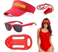 Costume Bagnino, 4 Pezzi Costume da Bagnino per Uomo Cappello da Bagnino Ischietto Galleggiante Gonfiabile e Occhiali da Sole, per Adulti, Uomini, Donne, Halloween, Piscina, Carnevale e Carnevale