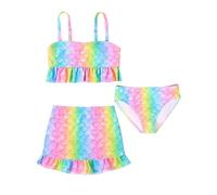 Costume Bambina 3 Pezzi Bikini Solido Vita Alta Set A Sirena Floreale con Volant Estiva Gonna Stampa Tracolla Regolabile Tankini Mare E Piscina per 5-12 Anni