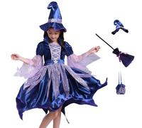 Costume Bambina Di Vestito Glitter Cappello Scopa Bacchetta Magica E Borsa Vestito Bambini Con Cappello Bastone Da Fata E Borsa Tote Per Halloween Cosplay Compleanni Feste (Navy #1, 3-4 Years)
