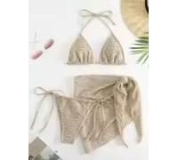 Costume Beige 3 Pezzi Con Pareo E Coppe A Rete Lavorata Sexy Mare Donna T59793
