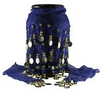 Costume blu mediorientale 3 RIGHE ornamento monete BELLY danza trasparente GO...