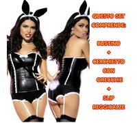 Costume Bunny Coniglietta Donna PVC Corsetto Slip con Reggicalze Cerchietto S/M