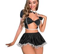 Costume Cameriera Sexy Donna Set Lingerie Giochi Ruolo con Minigonna 5 Pezzi Top Corto e Perizoma Finiture Pizzo Uniforme Maid Cosplay Maniche Corte Outfit Servitore Sexy Babydoll Clubwear Halloween