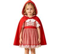 Costume Cappuccetto Rosso per Ragazze Carnevale Halloween Cosplay Vestito | 2 Pezzi Completo Cappuccio Rosso con Maniche Corte Vestito a Quadri e Mantello Rosso con Cappuccio per Bambina