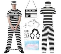 Costume Carcerato a Righe, Costume Prigioniero Uomo con Manette e Tatuaggi Adesivi, Costumes Detenuto Uomo a Righe Adulti, Vestito Halloween Prigioniero per Giochi di Ruolo a Carnevale (L)