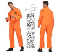 Costume Carcerato Uomo, Costume da Carcerato Uomo Donna con Adesivo per Tatuaggio Manette con Chiave Tuta Carcerato Arancione Arancione Prigioniero Tuta per Carnevale Halloween Dress Up Party Cosplay