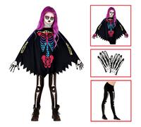 COSTUME CARNEVALE + ACCESSORI SCHELETRO COLORATO PONCHO CALZE GUANTI HALLOWEEN
