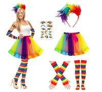Costume Carnevale Donna Arcobaleno, Gonna Tutu Arcobaleno, Diadema di Piume Colorate, Arco-baleno Guanti Senza Dita Calzini al Ginocchio, Adesivi per Tatuaggi Arco-baleno, per Carnevale Cosplay Feste