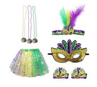Costume Carnevale Donna Curvy, Oro Viola Verde Metà Con Accessori Per Fascia Per Con Piume Set Gonna Con Perline Tre Colori (Green, One Size)