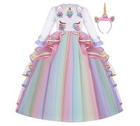 Costume Carnevale Unicorno Principessa Ragazze Compleanno Cerimonia Arcobaleno Lungo Maxi Tulle Vestito Maniche Lunghe Natale Halloween Cosplay Festa Abiti con Cerchietto Unicorno Multicolore 10-11