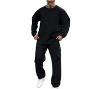 Costume casual da uomo completo termico ampio autunno inverno set due pezzi composto da una felpa a collo rotondo e pantaloni da lavoro con tasche multiple, Nero , XXL