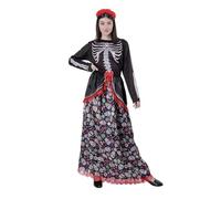 Costume Catrina Scheletro Messicana Donna Adulto Halloween, Fascia Catrina Fiore, Vestito Lungo Colorato Stampa Calaver, Costume Halloween Donna Carnevale (M)