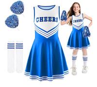 Costume Cheerleader Bambina, Vestito Cheerleader Ragazza, Uniforme da Cheerleader con Pon Pon Calzini, Costume da Cheerleader per Ragazze, Carnevale o Evento Sportivo Scuola Festa Cosplay (150)