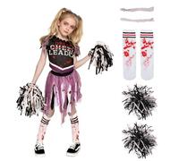 Costume Cheerleader Zombie Bambini, Ragazze Costume Cheerleader Sanguinante Set Include Calzini Macchiati Di Sangue Realistici, Due Pompon, 1 Cerchietto Zombie Per Feste Di Halloween, Cosplay (XL)
