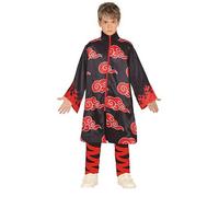 FIESTAS GUIRCA Costume da Ninja Bambino - Completo Infantile Stile Manga da Guerriero Giapponese Nero e Rosso Fuoco per Bambini di 10-12 Anni
