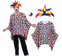 Costume Clown Adulti Vestito da Pagliaccio Uomo Donna Mantello Cappello Accessorio Cosplay Carnevale Halloween Feste