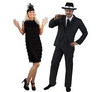 Costume completo per coppia con l'uomo in abito da gangster a righe e cappello + la donna in abito nero charleston con frange sul davanti e la sua fascia con piume. Ideale per le atmosfere criminali