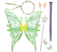 Costume con ali di fata, ali di farfalla, ali di principessa, per bambini, donne con tube d'elfo, ghirlanda di fiori, ali di fata, per compleanno, Natale, carnevale, cosplay, feste (verde)